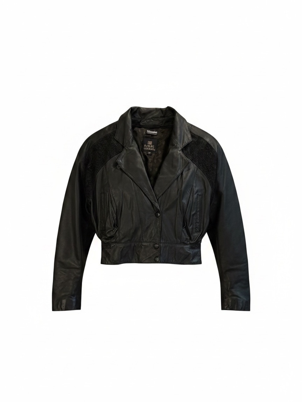 Black Cropped Leather Jacket with Textured Shoulder Panels